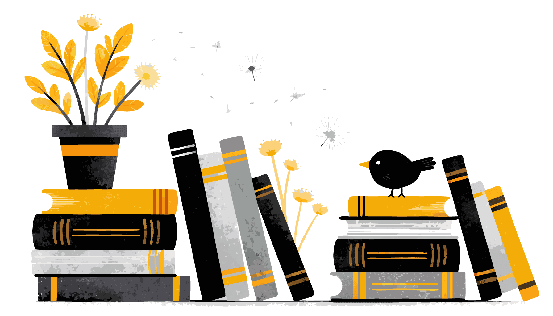 Stacked and standing books in black, grey and amber, with a potted plant and dandelion clocks growing among them, seeds drifting above, and a small black bird perched on one stack